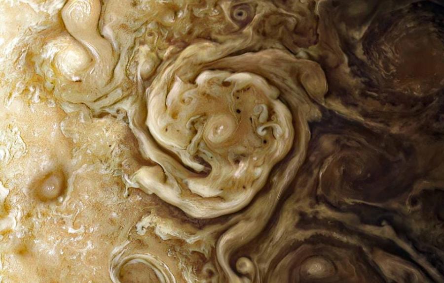 One of Jupiter's northern circumpolar cyclones