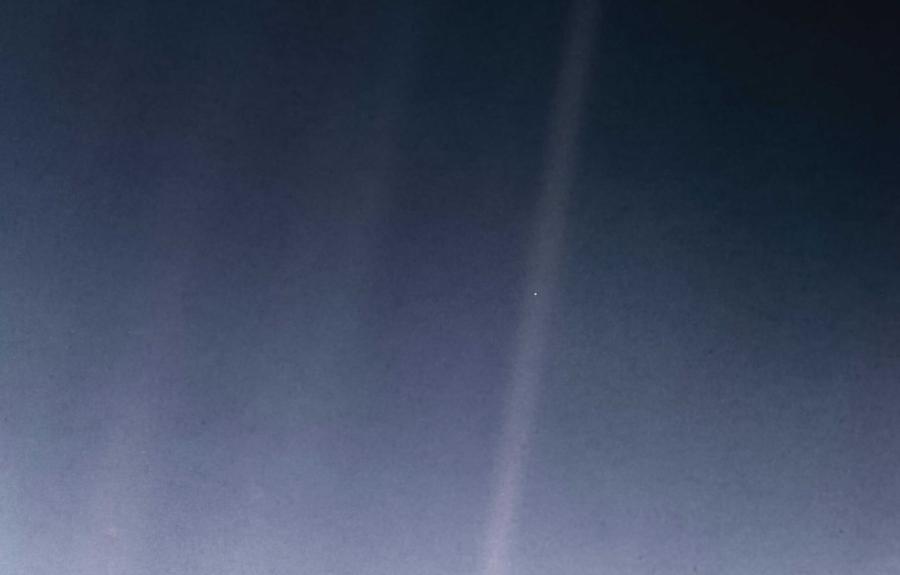 This image shows an updated version of the iconic Pale Blue Dot image taken by the Voyager 1 spacecraft.