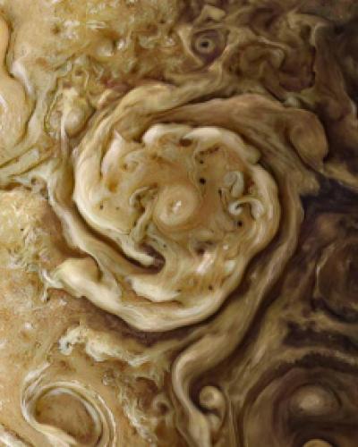 One of Jupiter's northern circumpolar cyclones